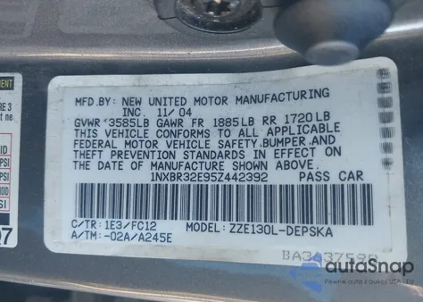 2005 Toyota Corolla S from USA, damaged, VIN 1NXBR32E95Z442392